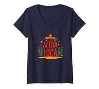 Celebrazione Messicana del Cactus La Vida Loca Fiesta Sombrero Maglietta con Collo a V, Donna, Navy, XXL
