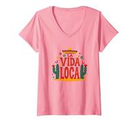 Celebrazione Messicana del Cactus La Vida Loca Fiesta Sombrero Maglietta con Collo a V, Donna, Rosa, XL