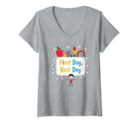 Celebrazione Scolastica del Primo Giorno per i Bambini Maglietta con Collo a V, Donna, Grigio Melange, S