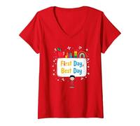 Celebrazione Scolastica del Primo Giorno per i Bambini Maglietta con Collo a V, Donna, Rosso, XL