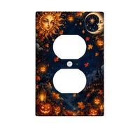Celeste Halloween Sole Luna Jack-o'-Lantern Duplex Outlet Covers Piatto | Celeste Sole E Luna, Castello Gotico Silhouette, Foglie D'acero Caduta, Fantasioso Notte Skyline Theme