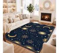 Celeste Sole e Luna Tema Corpi Area Tappeto 15 'X 7' | Motivi dorati con sole e luna, ispirato all'astrologia, decorazione mistica per la casa, tavolozza di colori blu navy