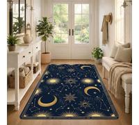 Celeste Sole e Luna Tema Corpi Area Tappeto 90 x 150 cm | Motivi dorati con sole e luna, ispirato all'astrologia, decorazione mistica per la casa, tavolozza di colori blu navy