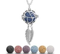 CELESTIA Aromaterapia Collane Donna, Argento Collane Diffusore di Olio Essenziale, Piume Medaglione con 7 Lava, 24" Catena, Aromaterapia Gioielleria, Regalo per l'amante del Profumo