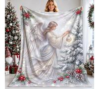 Celestial Angel - Coperta a tema natalizio, 152,4 x 203,2 cm | Albero sempreverde invernale, coperte sfocate, accenti di bacche di pigne, motivo ala celeste, biancheria da letto stagionale