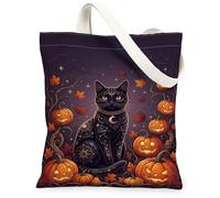 Celestial Cat And Pumpkins - Borsa larga in tela per Halloween, 33 x 38 cm | Motivo gatto celeste, lanterna luminosa Jack-o-lantern, foglie autunnali, atmosfera magica, accessorio per la casa fantasioso