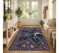 Celestial Cat Moon Decor Fanciful Area Tappeto 3' X 5' | Motivi di luna celeste, accenti botanici e funghi, tema foresta fantasiosa, tavolozza di colori blu scuro