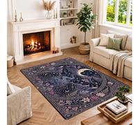 Celestial Cat Moon Decor Fanciful Area Tappeto 4' X 6' | Motivi di luna celeste, accenti botanici e funghi, tema foresta fantasiosa, tavolozza di colori blu scuro
