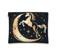 Celestial Magic Horse Makeup Bag, Vintage Gold Starry Cosmetic Pouch per donne, organizer portatile con cerniera per articoli da toeletta, nero, 7x9 Inch, Cavallo Magico