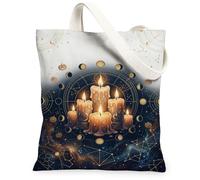 Celestial Moon Phase Candle Halloween Canvas Tote Bag 33 x 38 cm | Candela incandescente, stampa ciclo lunare, mappa stellare celeste, estetica mistica strega, atmosfera stagionale autunnale