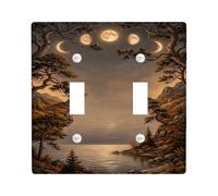 Celestial Moon Phases Paesaggio Fantasioso Doppio Interruttore Luce Piastra | Paesaggio celeste, silhouette della foresta di pino, skyline notturno, lago tranquillo, decorazione da parete mistica