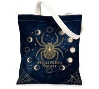 Celestial Spider Moon Phase Graphic Halloween Canvas Tote Bag 33 x 38 cm | Accenti in lamina d'oro, fasi lunari celesti, estetica gotica, ragnatela spettrale, mappa stellare mistica