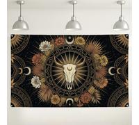 Celestial Steer Skull Bohemian Wall Art Sfondo Banner 180 x 109 cm | Arte mandala celeste, sfondo fotografico, flora del deserto sudoccidentale, accenti di luna crescente