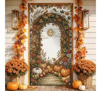 Celestial Sun Moon Harvest Theme and Autumn Door Covers 91,4 x 182,9 cm | Motivo celeste, cartello per porta d'ingresso, tema raccolto rustico, arco di fogliame autunnale, taglia zucche
