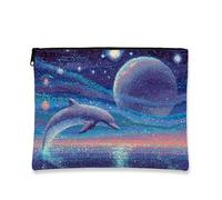 Celestial - Trousse da viaggio per cosmetici, a tema delfino e galassia, da donna, piccola borsa portatile in tela con cerniera, regalo per gli amanti della luce stellare, Blu, 7x9 Inch, Delfino