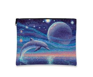 Celestial - Trousse da viaggio per cosmetici, a tema delfino e galassia, da donna, piccola borsa portatile in tela con cerniera, regalo per gli amanti della luce stellare, Blu, 7x9 Inch, Delfino