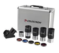Celestron 94305 Kit oculare e filtri da 2”, 12 pezzi diagonale a specchio 2", adattatore diagonale, 3 oculari E-lux 2”, lenti di Barlow 2X, 5 filtri colorati e custodia rigida in alluminio, argento
