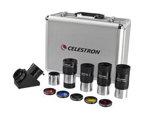 Celestron 94305 Kit oculare e filtri da 2”, 12 pezzi - diagonale a specchio 2", adattatore diagonale, 3 oculari E-lux 2”, lenti di Barlow 2X, 5 filtri colorati e custodia rigida in alluminio, argento