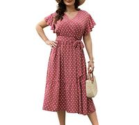 Celkuser Womens Plus Size Ruffle Short Sleeve V Neck Summer Boho Casual A-Line Floral Midi Dress with Pockets(cel134,20,PinkDot)