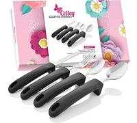 Celley - Utensili da cucina adattivi per morbo di Parkinson, artrite, SM, anziani, tremori alle mani, handicappati, 4 pezzi, facile impugnatura, coltello, forchetta, 2 cucchiai, colore: nero