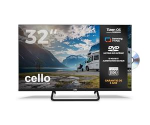 Cello CTRAV-32TZF Smart TV LED 32" 12V con lettore DVD, Tizen OS di Samsung, Gaming Hub, altoparlanti Pitch Perfect, Bluetooth, triplo sintonizzatore, ideale per camper e campeggio