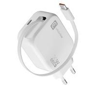 Cellularline Caricabatterie da Rete 30W con Cavo Retrattile USB-C 90cm, Tecnologia GaN, Doppia Porta USB-C Power Delivery, Compatto per Smartphone e Tablet, Bianco