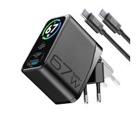 Cellularline PowerView IQ 67W Caricabatterie da Rete con Display TFT, 2 Porte USB-C PD e 1 Porta USB-A 30W, Uscita Simultanea 65W, Tecnologia GaN, Spina Pieghevole, Cavo Incluso