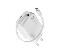 Cellularline Caricabatterie da Rete 30W con Cavo Retrattile USB-C 90cm, Tecnologia GaN, Doppia Porta USB-C Power Delivery, Compatto per Smartphone e Tablet, Bianco