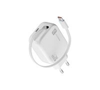 Cellularline Caricabatterie da Rete 30W con Cavo Retrattile USB-C 90cm, Tecnologia GaN, Doppia Porta USB-C Power Delivery, Compatto per Smartphone e Tablet, Bianco