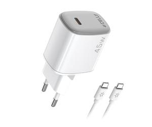 Celly Caricatore da parete USB-C 45 W con tecnologia GAN + cavo USB-C a USB-C 2 m - ricarica rapida per smartphone, tablet e laptop