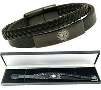 Celtic FC Nero IP Pelle Bracciale CFC Crest Piastra Doppio Design Regalo Scatola