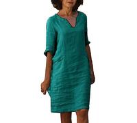 Celucke Vestiti Estivi Donna Lunghezza Media Vestito Cotone e Lino Collo V Abiti Eleganti Abito Casual Vintage Colore Puro Maniche a Sette Minuti Maxi Abito Linea A Boho Spiaggia Vestiti