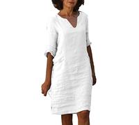 Celucke Vestiti Estivi Donna Lunghezza Media Vestito Cotone e Lino Collo V Abiti Eleganti Abito Casual Vintage Colore Puro Maniche a Sette Minuti Maxi Abito Linea A Boho Spiaggia Vestiti