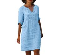 Celucke Vestiti Estivi Donna Lunghezza Media Vestito Cotone e Lino Collo V Abiti Eleganti Abito Casual Vintage Colore Puro Maniche a Sette Minuti Maxi Abito Linea A Boho Spiaggia Vestiti