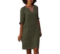 Celucke Vestiti Estivi Donna Lunghezza Media Vestito Cotone e Lino Collo V Abiti Eleganti Abito Casual Vintage Colore Puro Maniche a Sette Minuti Maxi Abito Linea A Boho Spiaggia Vestiti