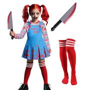 Celvibe Chucky Costume per ragazze, Halloween, per bambini, killer, bambola, gonna a righe, a maniche lunghe, top con reggicalze per Halloween, carnevale, feste a tema, cosplay, feste (blu, 130)