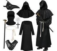 Celvibe Costume da medico della peste con cappuccio per adulti, Mantello nero con cappuccio e maschera in pelle, Costume medievale rinascimentale steampunk per Halloween cosplay (Nero, M)