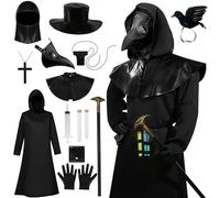 Celvibe - Costume da medico della peste con cappuccio per adulti, mantello nero con cappuccio e maschere in pelle, stile medievale rinascimentale steampunk per Halloween, cosplay (nero 1, M)