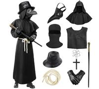 Celvibe - Costume da medico della peste con cappuccio per adulti, mantello nero con maschere in pelle, stile medievale rinascimentale steampunk per Halloween, cosplay (nero, L)