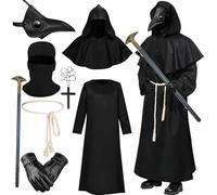 Celvibe Costume da pestarzt con cappuccio per adulti, cappotto nero con maschere in pelle, costume da steampunk medievale rinascimentale per Halloween, cosplay (nero, L)