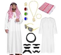 Celvibe Costume da sceicco per uomo e bambino, costume arabo con bandana, abito bianco arabo, costume da carnevale da uomo e ragazzo, per carnevale, cosplay, feste (bianco, 56)