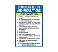 Cemetery Rules And Regulation Hours Dawn To Dusk Contact Management With Questions Segnale di avvertimento, per la sicurezza della proprietà privata, cartello in metallo per la sicurezza delle pareti