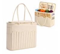 Cemssitu Canvas Yarn Storage Bag, Large Knitting and Crochet Organizer Tote with Multiple Front Pockets, Yarn Holes, Zipper Closure, Portable Holder for Supplies, Projects and Craft Tools (Beige)