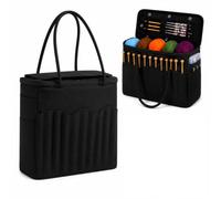 Cemssitu Canvas Yarn Storage Bag, Large Knitting and Crochet Organizer Tote with Multiple Front Pockets, Yarn Holes, Zipper Closure, Portable Holder for Supplies, Projects and Craft Tools (Black)