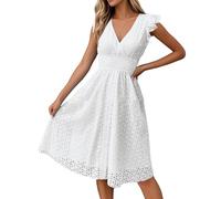 Cemssitu Eyelet Dress for Women 2025 Summer V Neck cap Sleeve Sexy Flutter Sleeve A Line Midi Long Sun Dress (C,XL)