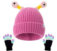 Cemssitu Winter Parent-Child Cute Glowing Little Monster Knit Hat with Light Up Gloves (One Size,Pink)