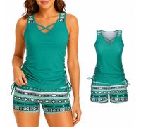 Cemssitu Women's Blouson Tankini Swimsuit, Tummy Control 2 Piece Bathing Suit with Built-in Bra And Boyshorts (Green,XXL)