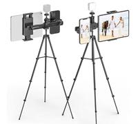 Cenawin Treppiede per tablet, altezza regolabile da 160 cm, con testa a sfera girevole da 1/4" per luce ad anello LED, treppiede per iPad, supporto da pavimento con 2 supporti per tablet e telefoni da
