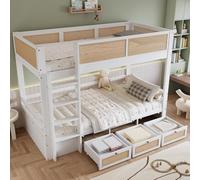 Cenbunsh Letto a castello, 90 x 200 cm, bella recinzione da giardino intrecciata, tre cassetti con ruote, rete a doghe stabili, con rete sicura per letto in pino + MDF + compensato, bianco e naturale