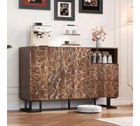 Cenbunsh Mobile 120 × 40 × 78,5 cm - Serie Foglia Poesie - Venature di noce scuro con rilievo - Gambe in metallo, 2 ante e 2 cassetti - Adatto per sala da pranzo, soggiorno o corridoio